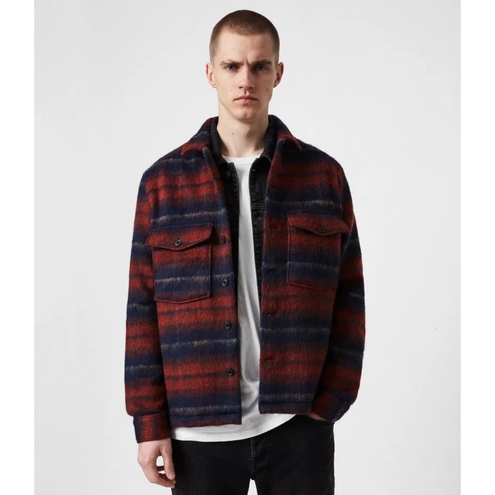 AllSaints Hatch Mens Small Relaxed Fit Wool Blend Striped Shacket Red Blue